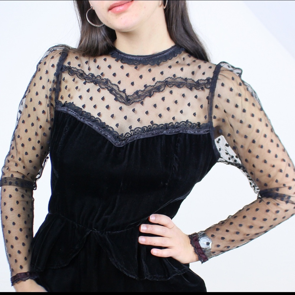 Vintage Gunne Sax Velvet Sheer Puff Shoulder Cocktail Dress Size 9